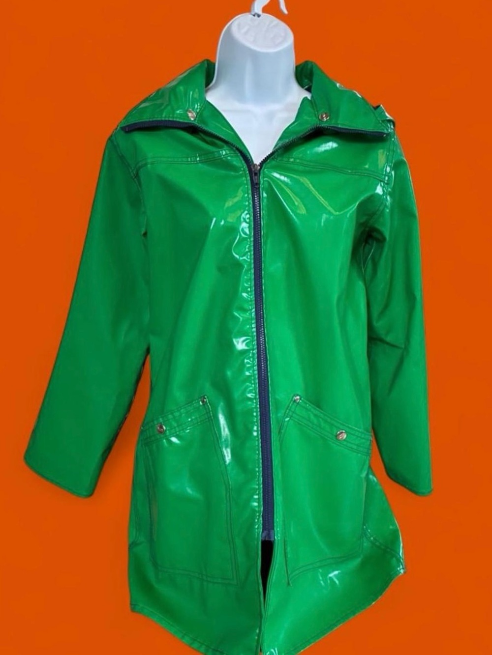 Vintage 70s/80s Kelly green PVC Mod style raincoat with hood